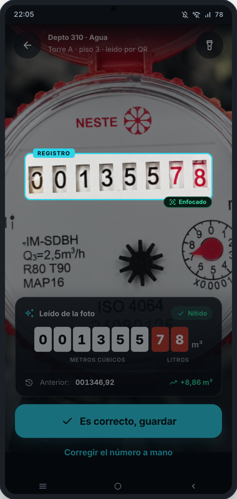 Metscan leyendo el registro de un medidor de agua